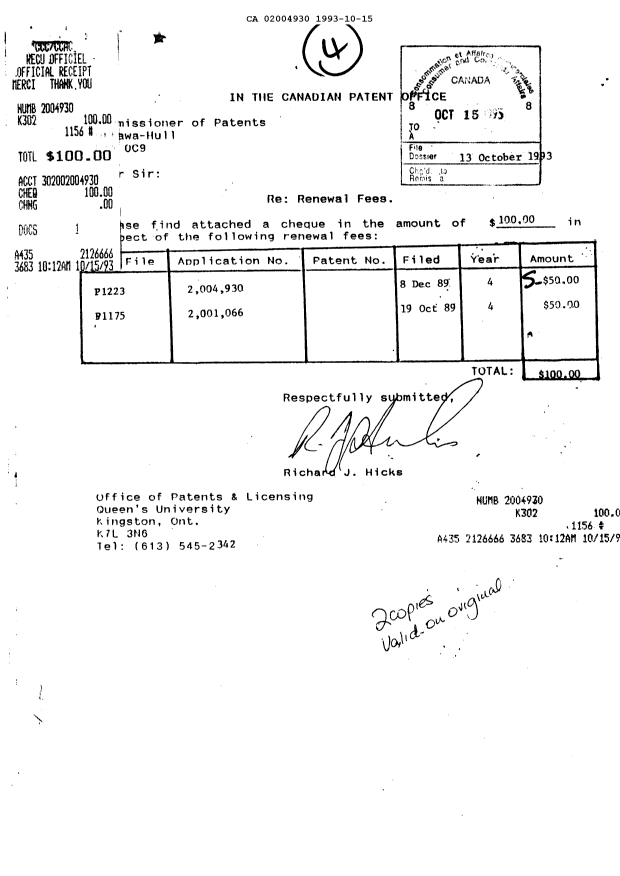 Document de brevet canadien 2004930. Taxes 19931015. Image 1 de 1