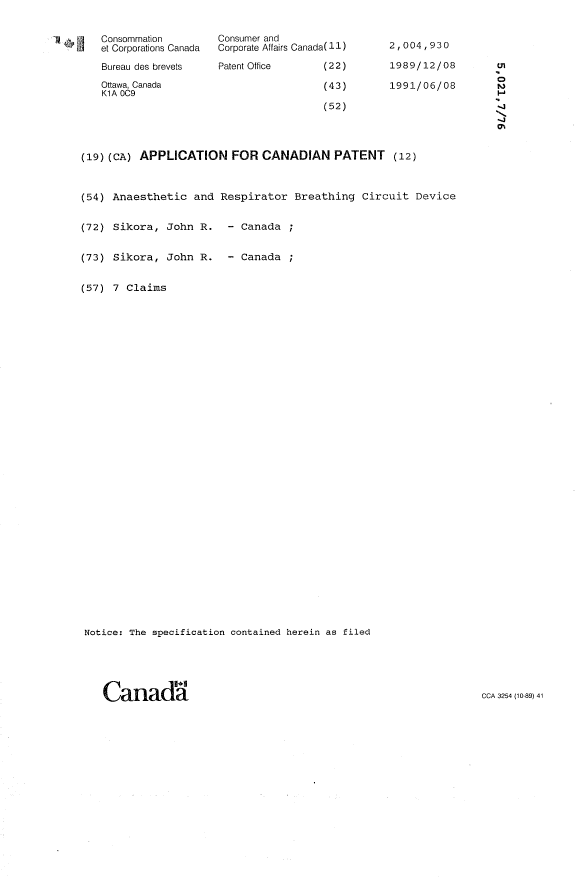 Document de brevet canadien 2004930. Page couverture 19940409. Image 1 de 1