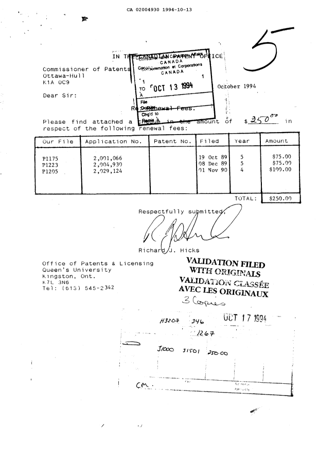 Canadian Patent Document 2004930. Fees 19941013. Image 1 of 1