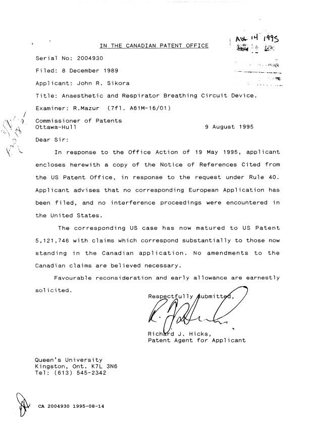 Canadian Patent Document 2004930. Prosecution Correspondence 19950814. Image 1 of 2