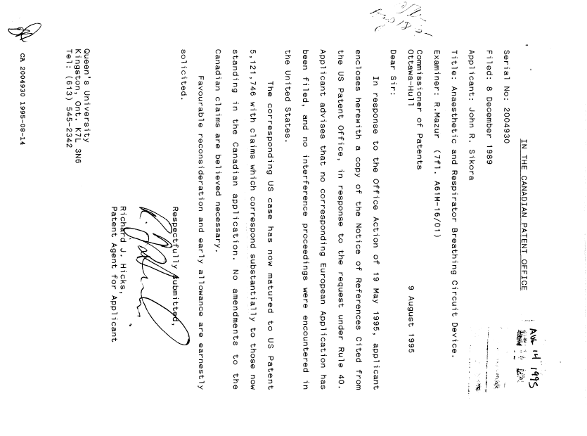 Document de brevet canadien 2004930. Correspondance de la poursuite 19950814. Image 1 de 2
