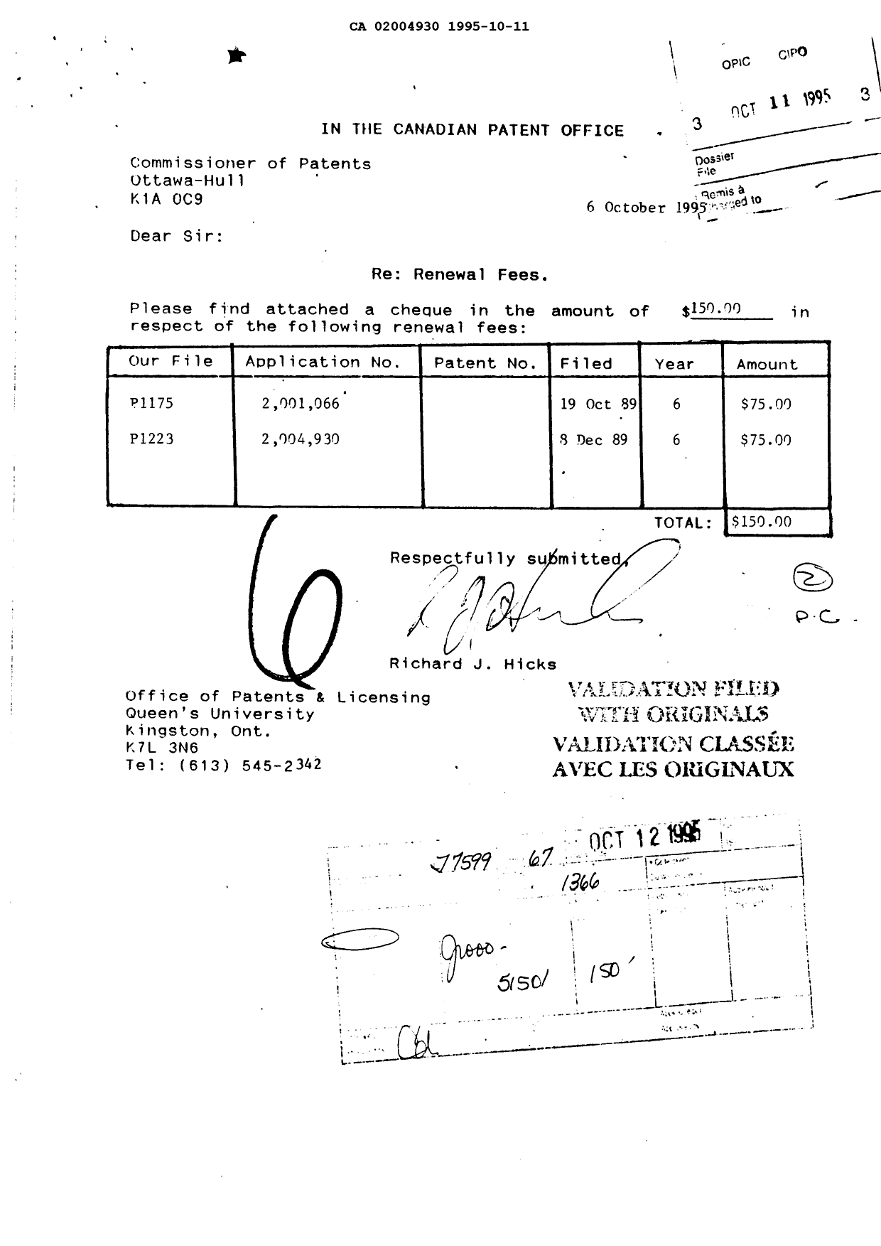 Document de brevet canadien 2004930. Taxes 19951011. Image 1 de 1