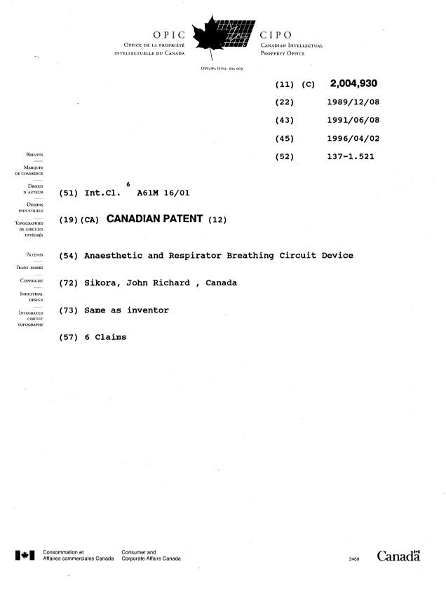 Canadian Patent Document 2004930. Cover Page 19960402. Image 1 of 1