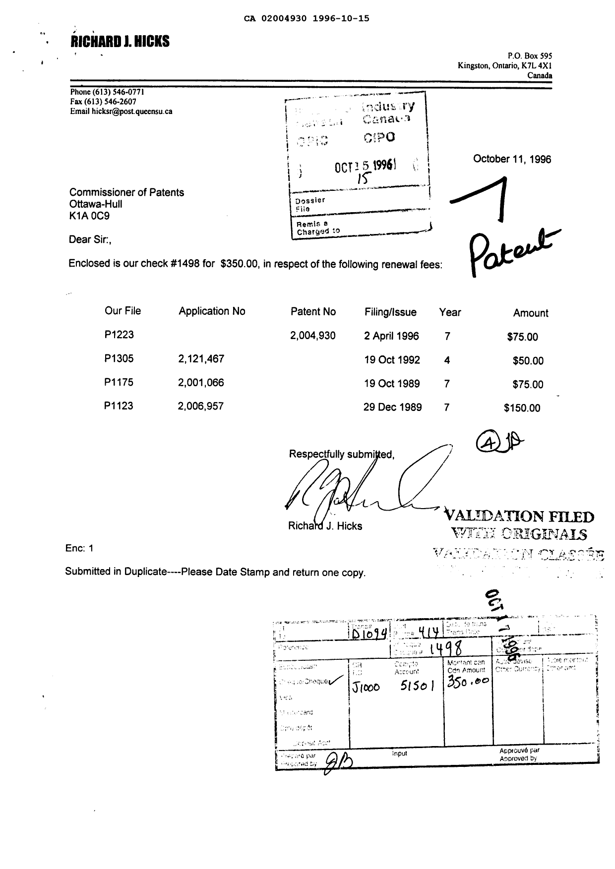 Document de brevet canadien 2004930. Taxes 19961015. Image 1 de 1