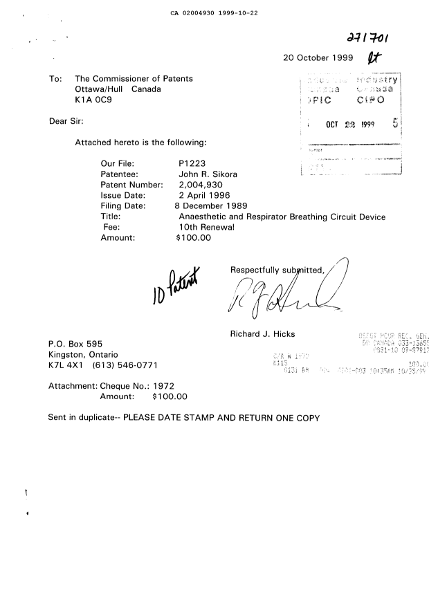 Canadian Patent Document 2004930. Fees 19991022. Image 1 of 1