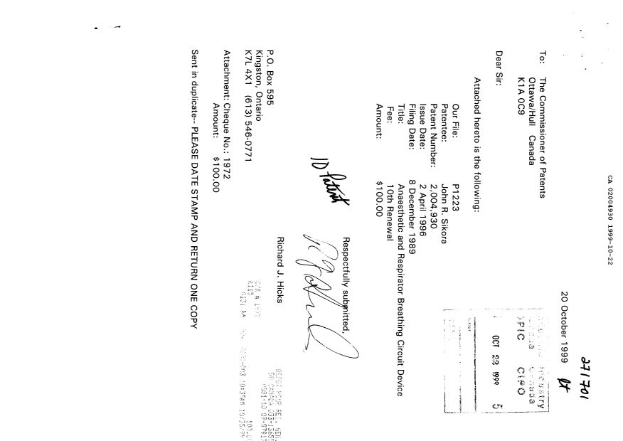 Document de brevet canadien 2004930. Taxes 19991022. Image 1 de 1