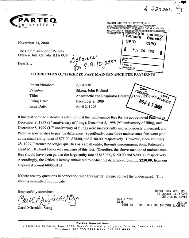 Document de brevet canadien 2004930. Taxes 20001120. Image 1 de 1