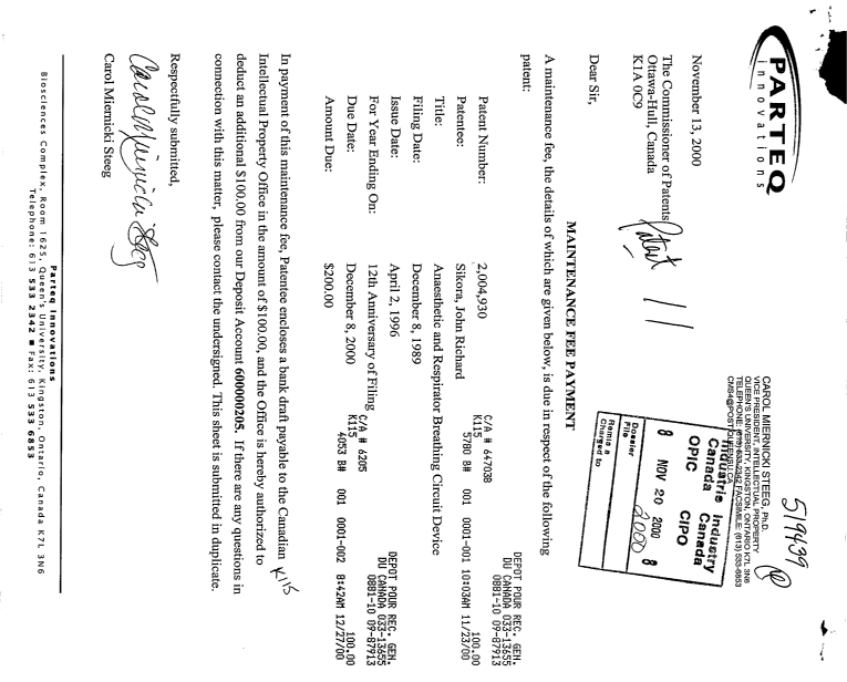 Document de brevet canadien 2004930. Taxes 20001120. Image 1 de 1