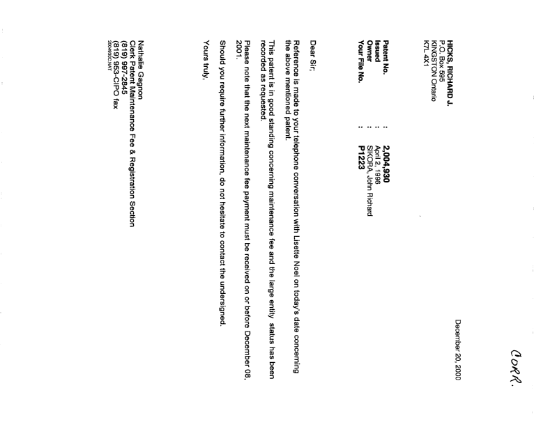Document de brevet canadien 2004930. Correspondance 20001220. Image 1 de 1