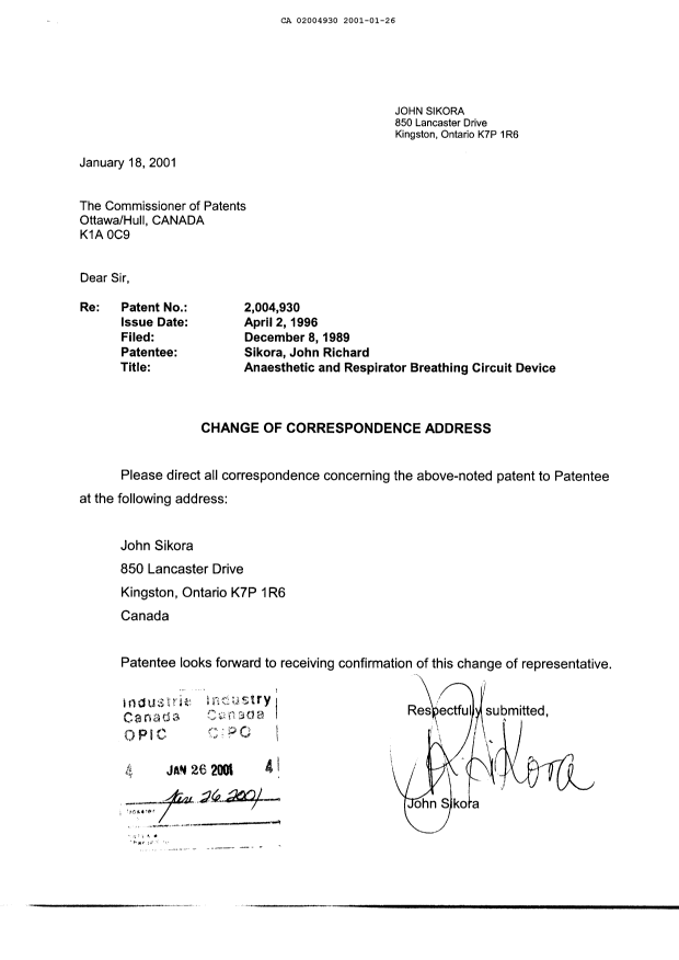 Document de brevet canadien 2004930. Correspondance 20010126. Image 2 de 2