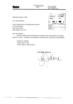 Document de brevet canadien 2004930. Correspondance 20010301. Image 1 de 3