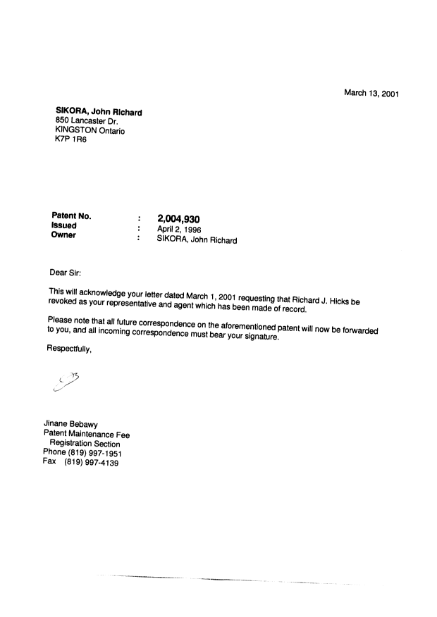 Document de brevet canadien 2004930. Correspondance 20010301. Image 2 de 3