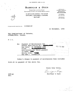 Canadian Patent Document 2005070. Fees 19921124. Image 1 of 1