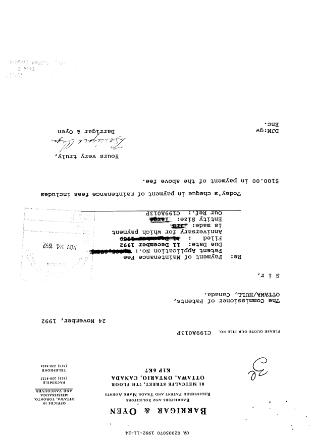 Document de brevet canadien 2005070. Taxes 19921124. Image 1 de 1