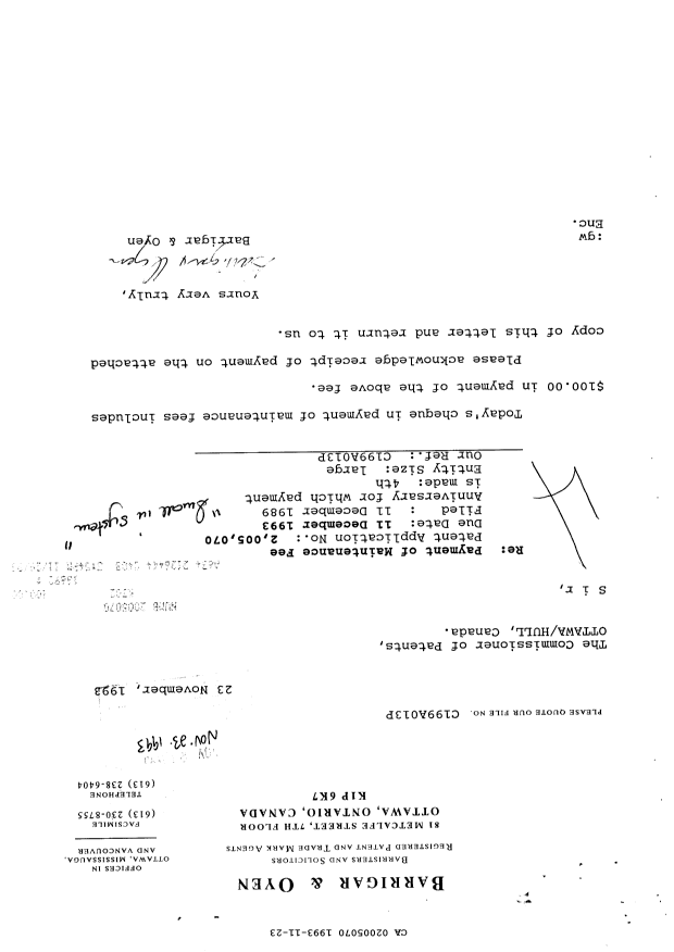 Document de brevet canadien 2005070. Taxes 19921223. Image 1 de 1