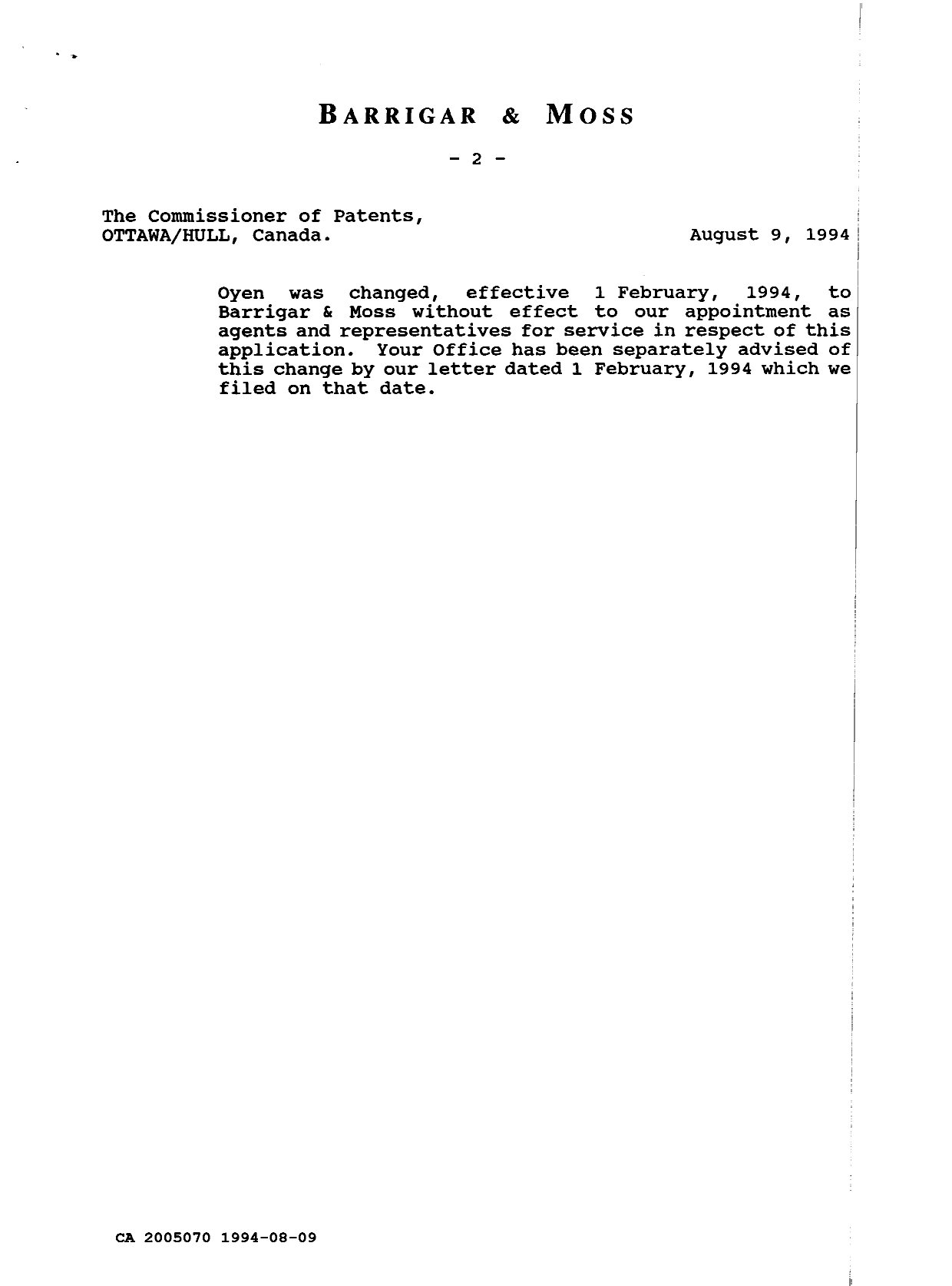Document de brevet canadien 2005070. Correspondance reliée au PCT 19940809. Image 2 de 2