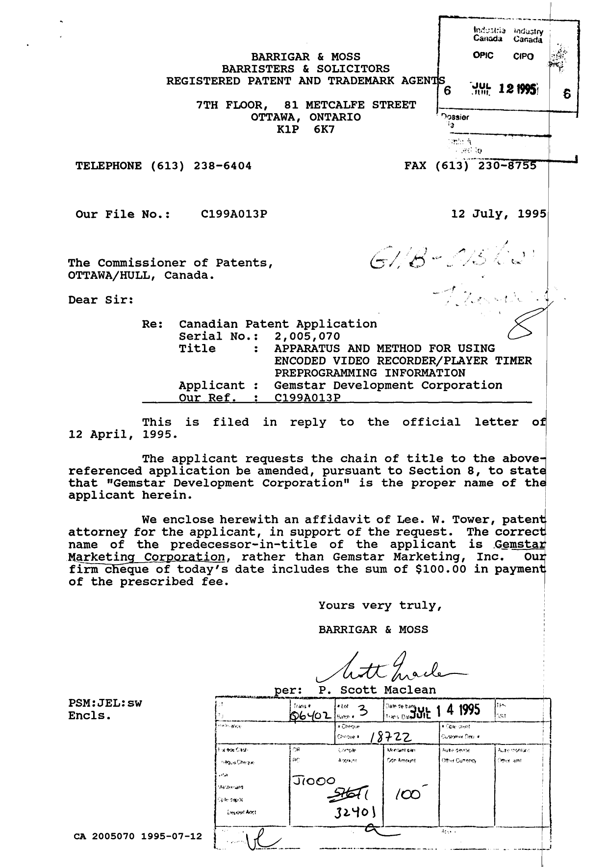 Canadian Patent Document 2005070. Prosecution-Amendment 19941212. Image 1 of 3