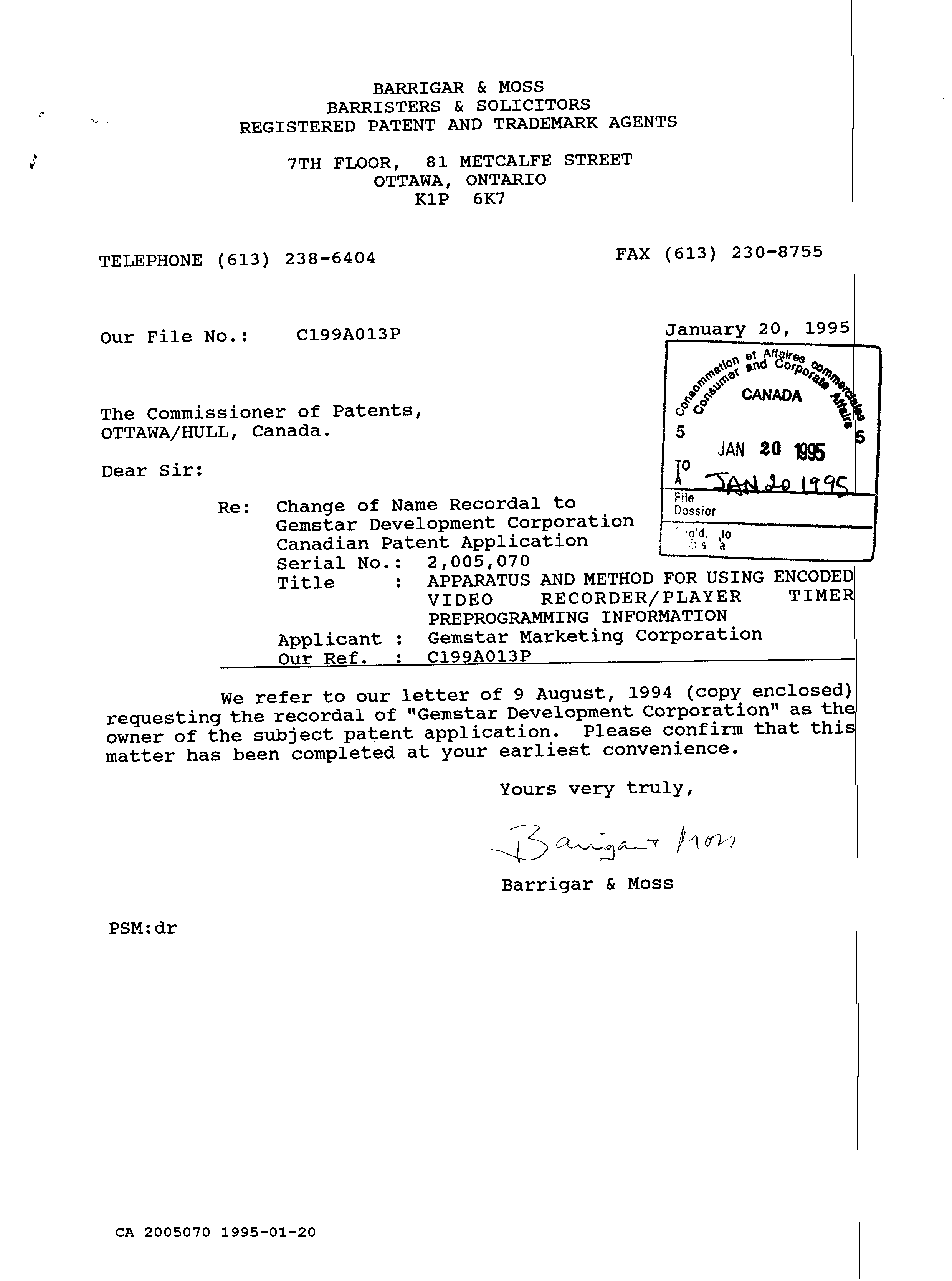 Document de brevet canadien 2005070. Correspondance reliée au PCT 19950120. Image 1 de 3