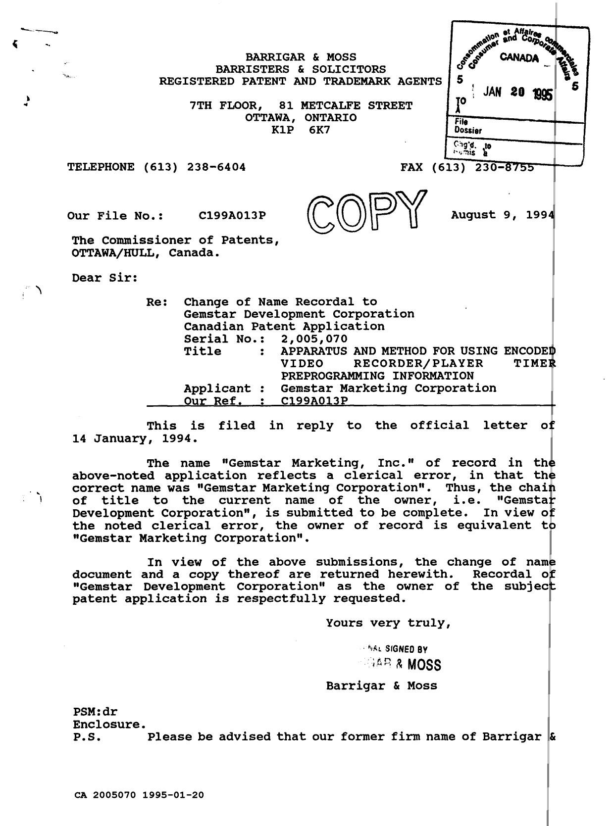 Document de brevet canadien 2005070. Correspondance reliée au PCT 19950120. Image 2 de 3