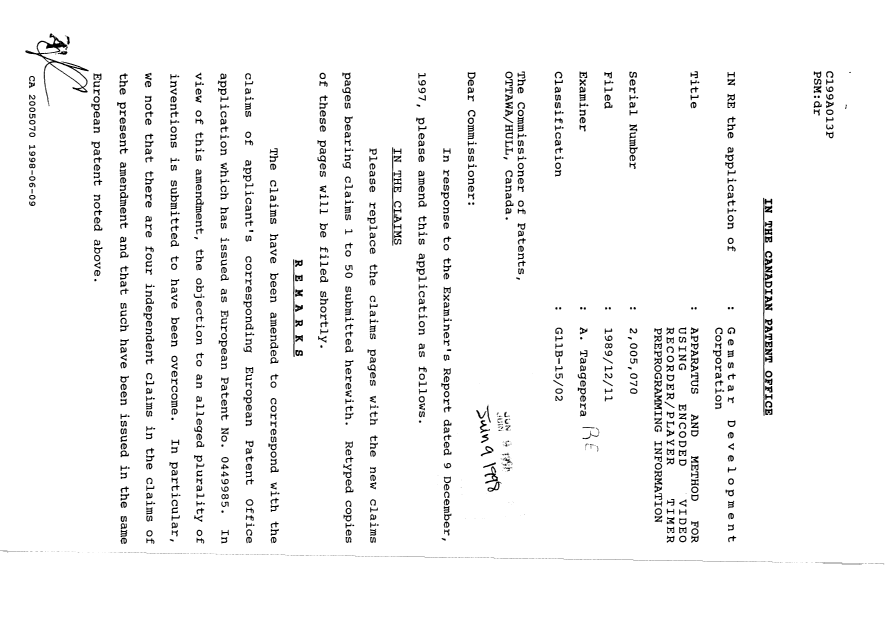 Canadian Patent Document 2005070. Prosecution Correspondence 19980609. Image 1 of 9