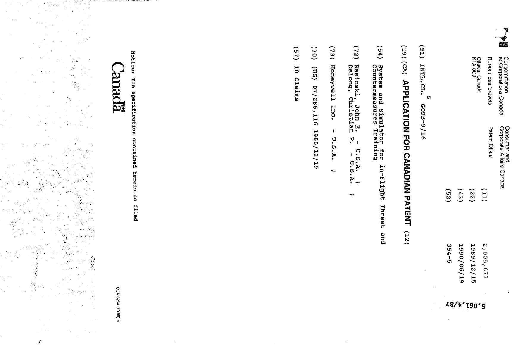 Canadian Patent Document 2005673. Cover Page 19940226. Image 1 of 1
