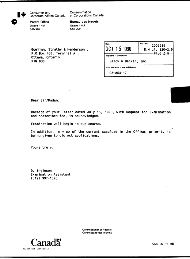 Document de brevet canadien 2006635. Lettre du bureau 19901015. Image 1 de 1