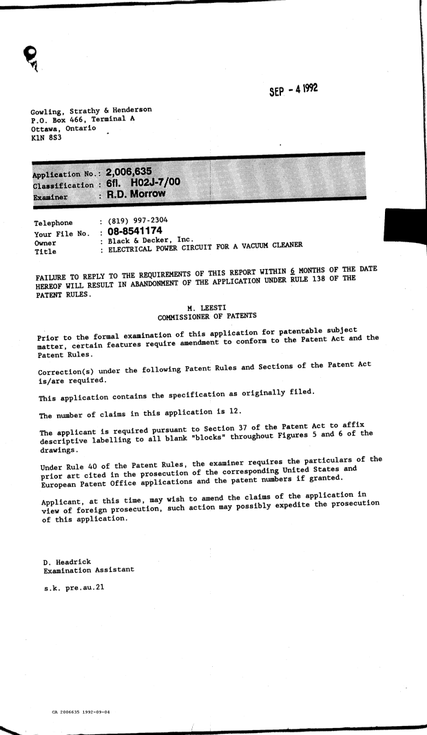 Document de brevet canadien 2006635. Demande d'examen 19920904. Image 1 de 1