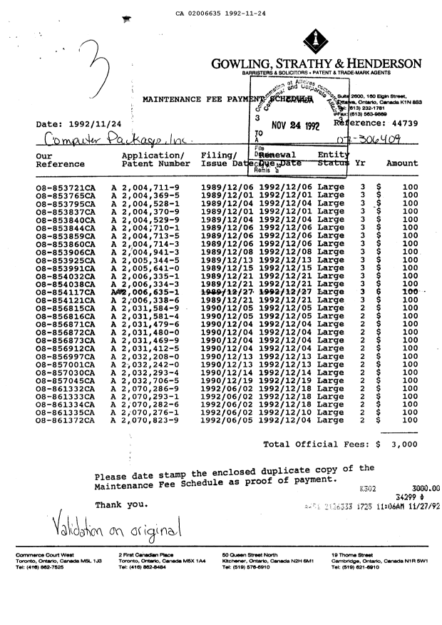Canadian Patent Document 2006635. Fees 19921124. Image 1 of 1