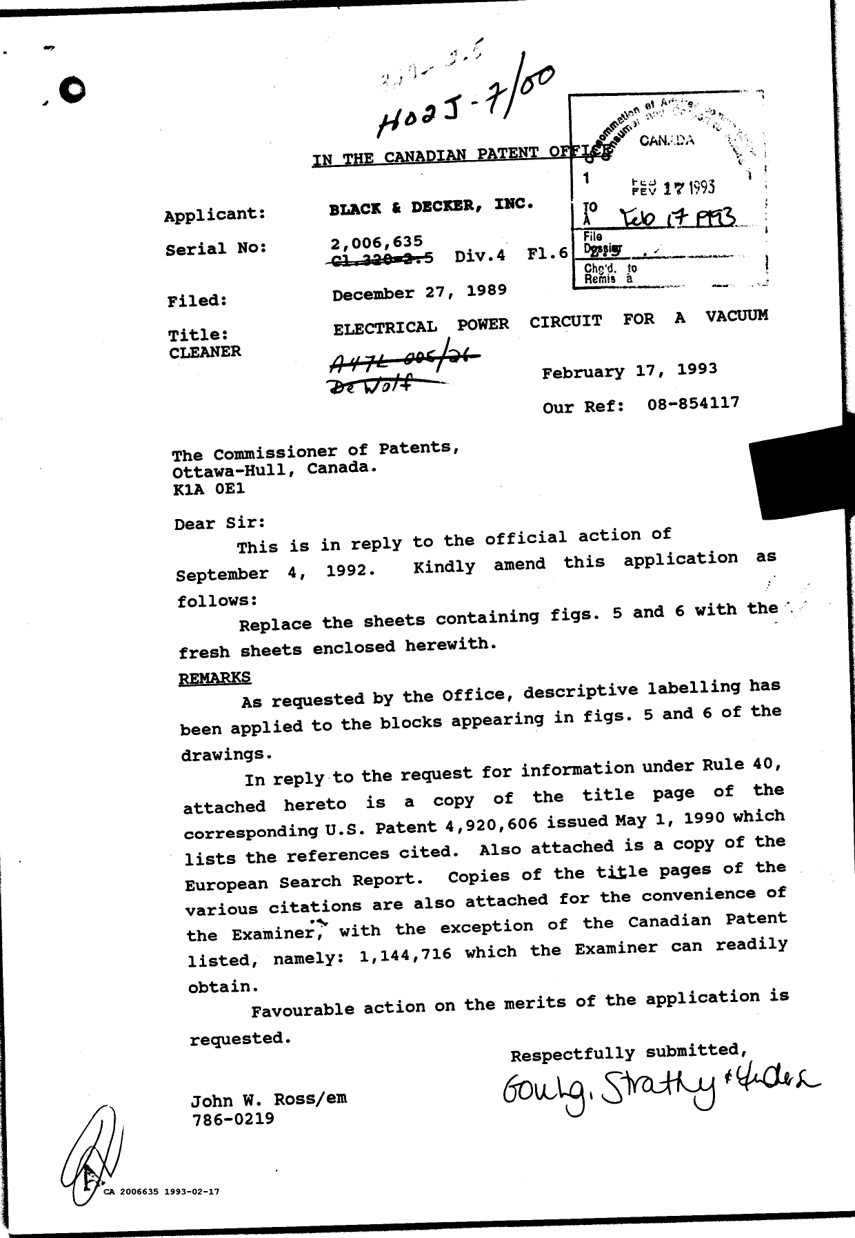 Document de brevet canadien 2006635. Correspondance de la poursuite 19930217. Image 1 de 2