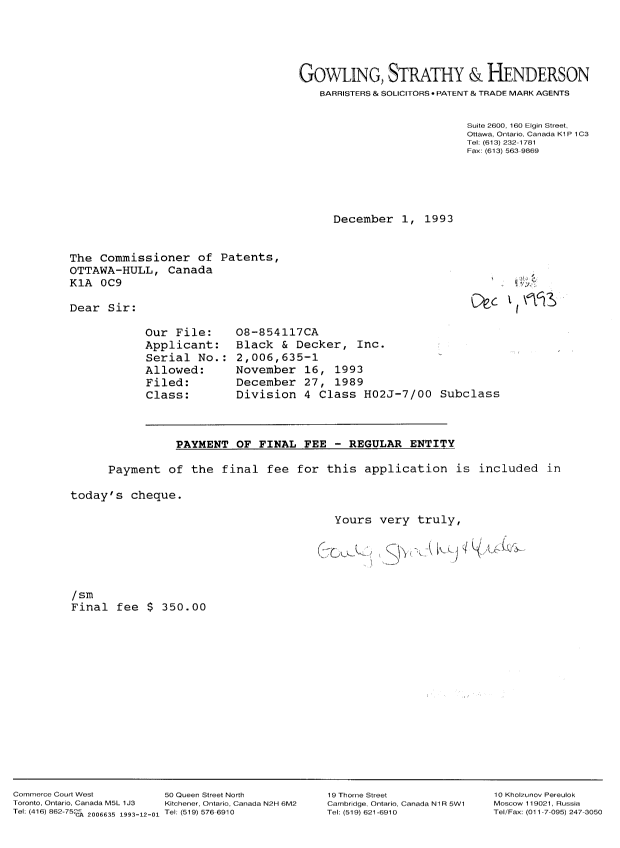 Document de brevet canadien 2006635. Lettre du bureau 19931201. Image 1 de 1