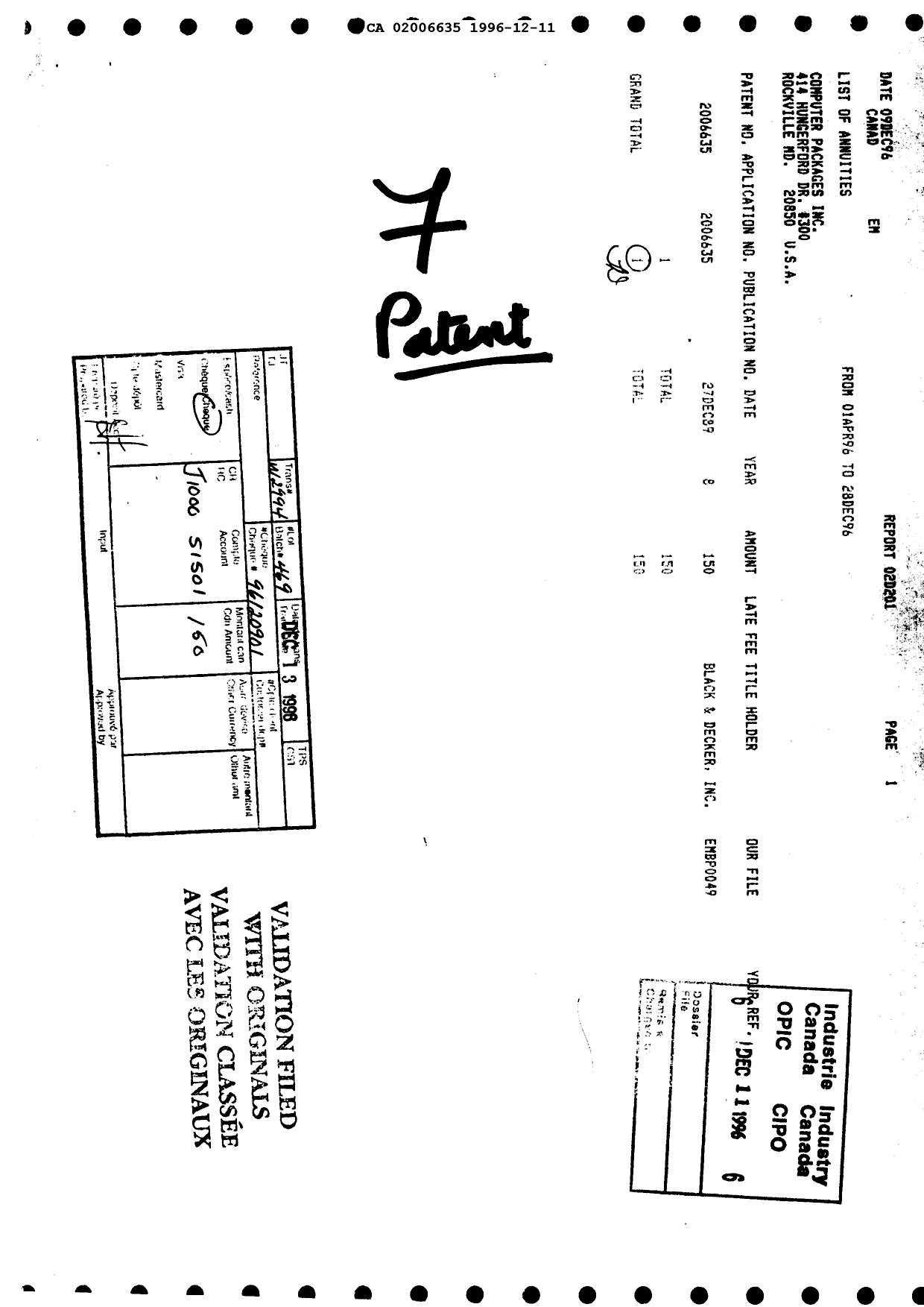 Document de brevet canadien 2006635. Taxes 19961211. Image 1 de 1