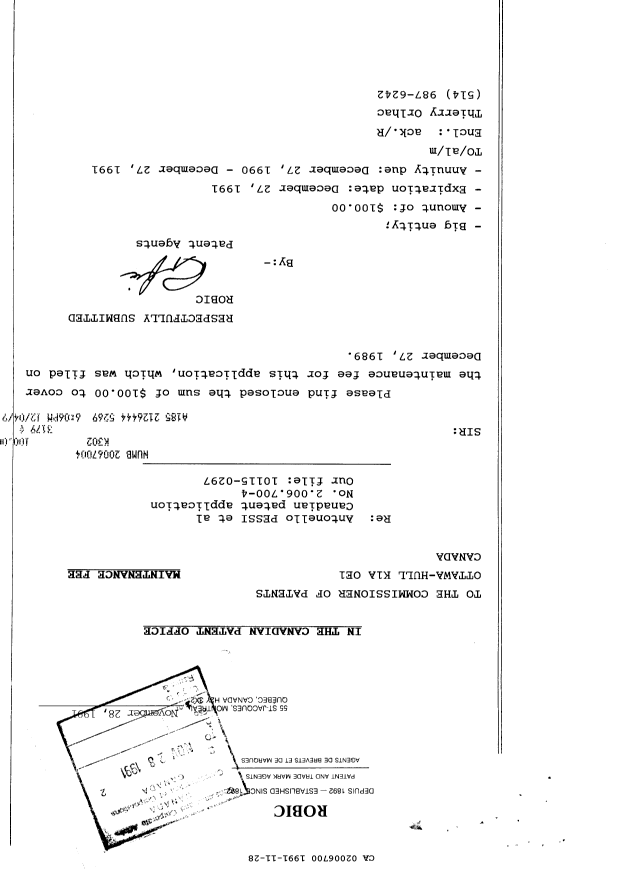 Document de brevet canadien 2006700. Taxes 19901228. Image 1 de 1