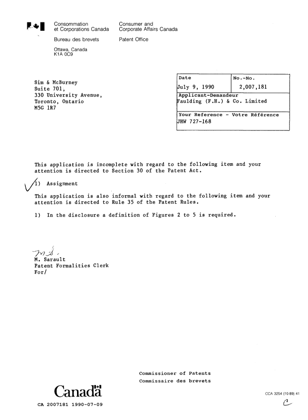 Canadian Patent Document 2007181. Office Letter 19900709. Image 1 of 1