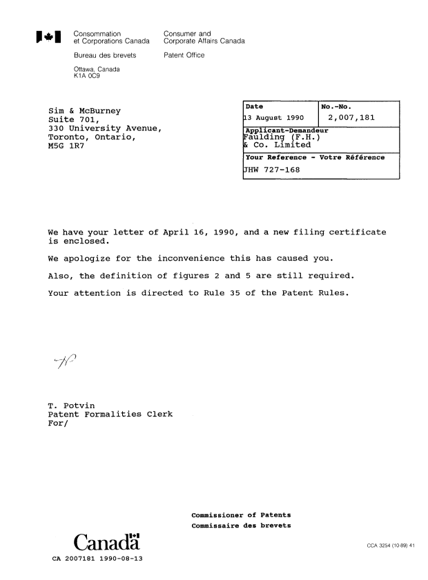 Document de brevet canadien 2007181. Lettre du bureau 19900813. Image 1 de 1