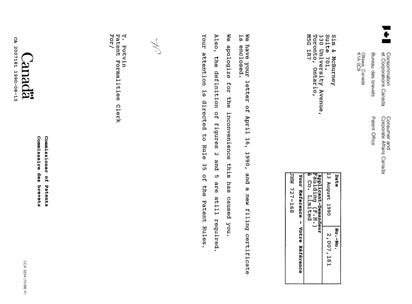 Canadian Patent Document 2007181. Office Letter 19900813. Image 1 of 1
