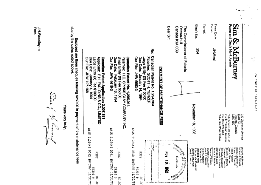 Canadian Patent Document 2007181. Fees 19931118. Image 1 of 1