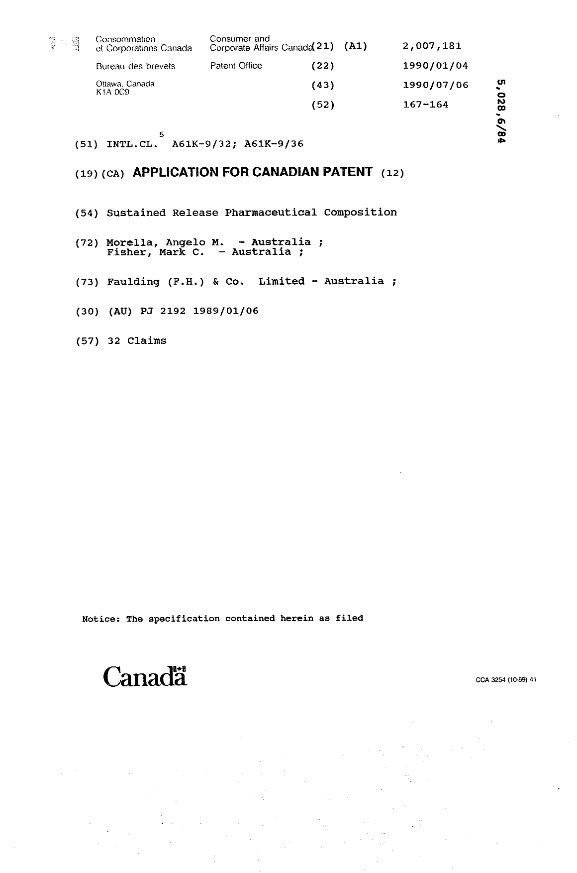 Canadian Patent Document 2007181. Cover Page 19931224. Image 1 of 1