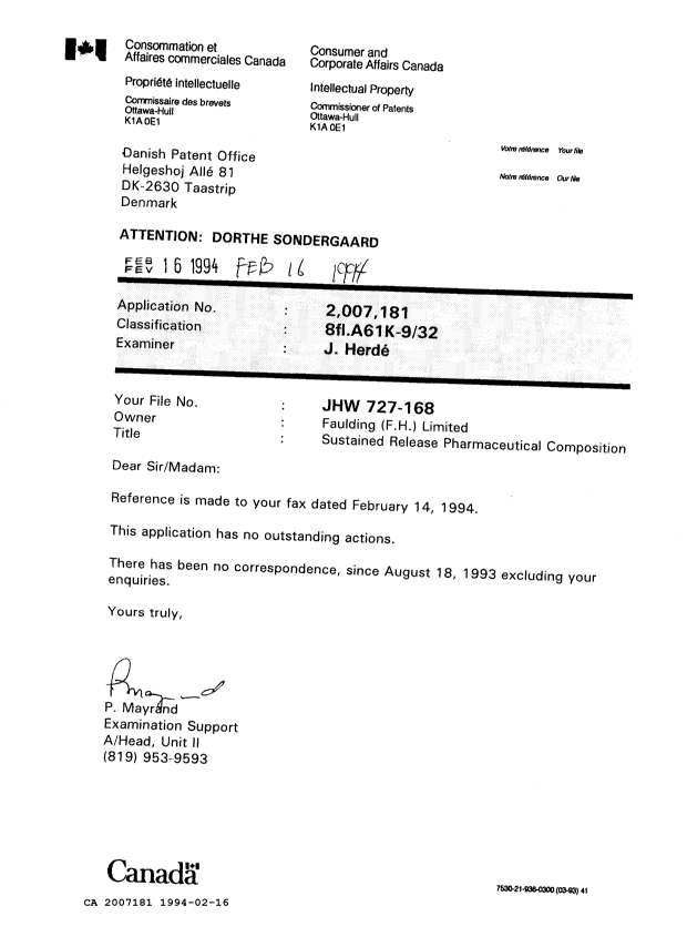 Canadian Patent Document 2007181. Office Letter 19940216. Image 1 of 1