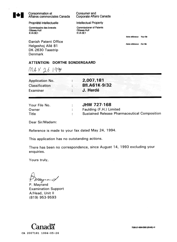 Canadian Patent Document 2007181. Office Letter 19940526. Image 1 of 1