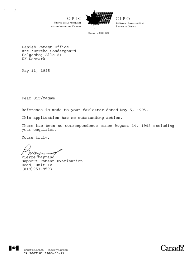 Canadian Patent Document 2007181. Office Letter 19950511. Image 1 of 1