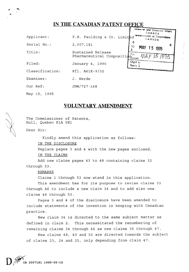Canadian Patent Document 2007181. Prosecution Correspondence 19950515. Image 1 of 2