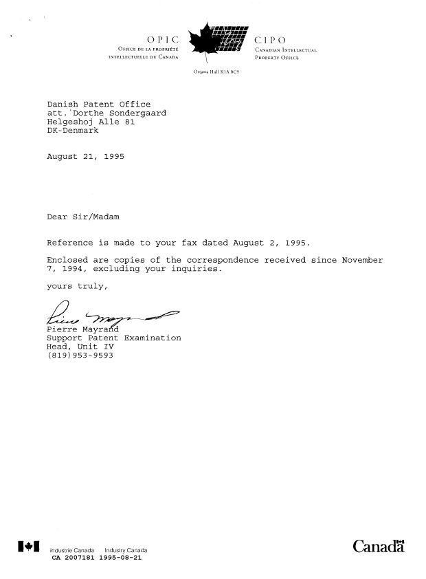 Canadian Patent Document 2007181. Office Letter 19950821. Image 1 of 14