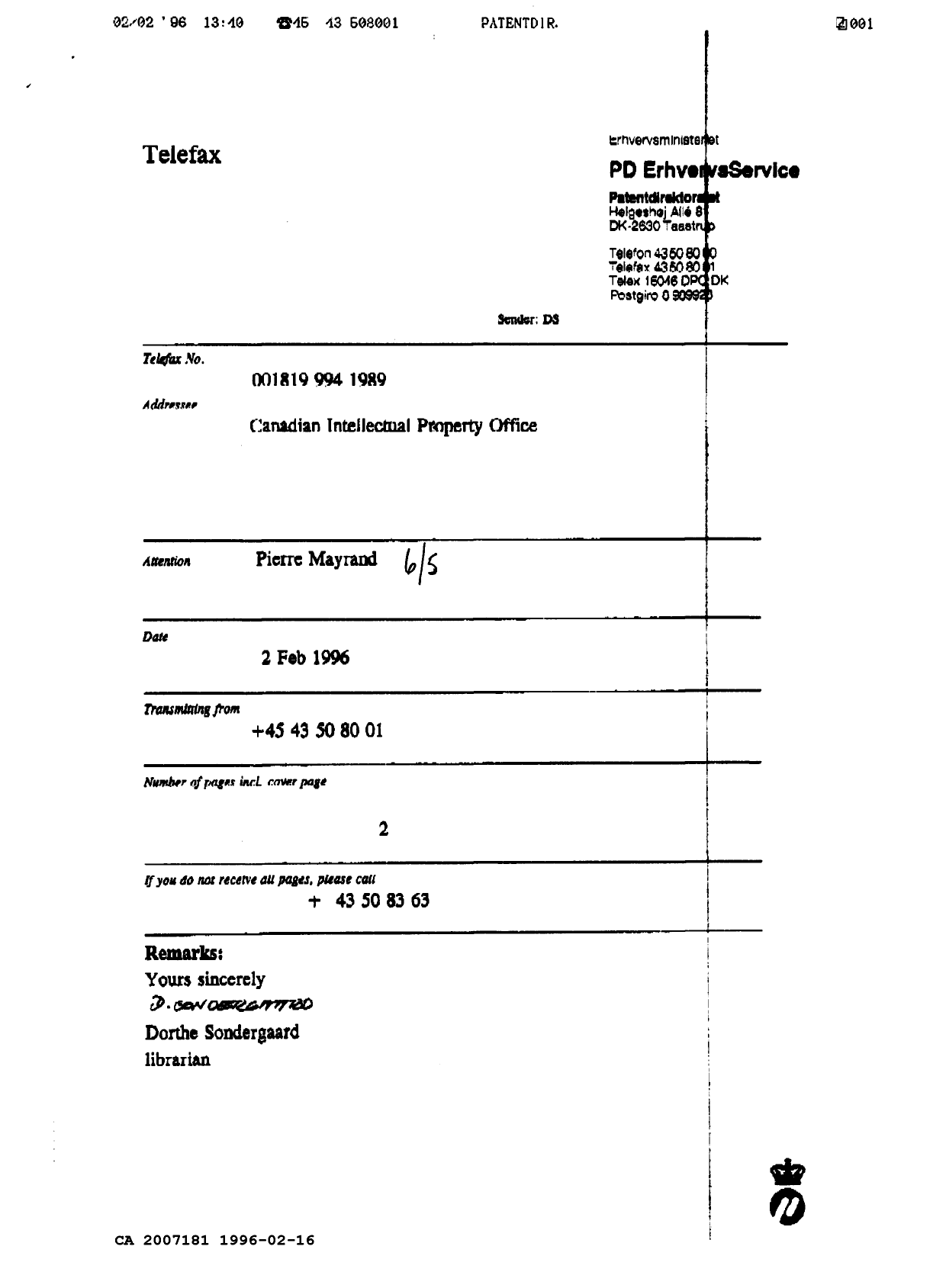Document de brevet canadien 2007181. Correspondance 19951216. Image 2 de 5