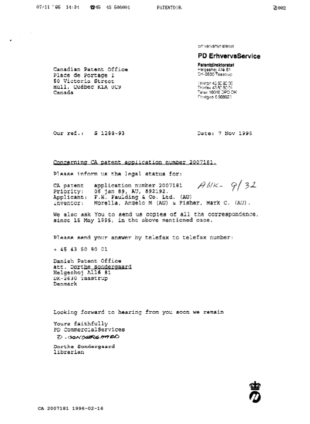 Document de brevet canadien 2007181. Correspondance 19951216. Image 5 de 5