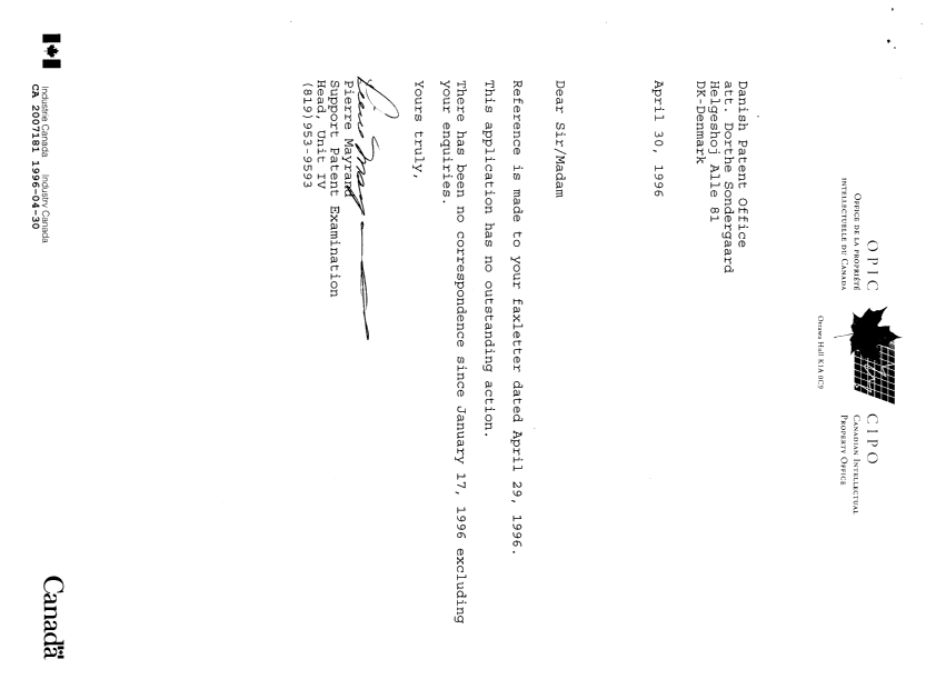 Canadian Patent Document 2007181. Office Letter 19960430. Image 1 of 1
