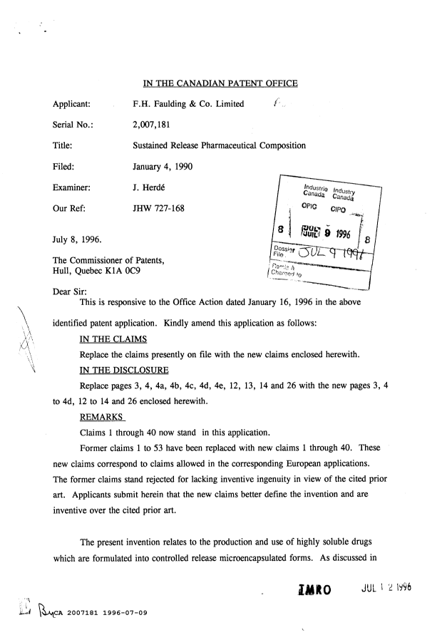 Canadian Patent Document 2007181. Prosecution Correspondence 19960709. Image 1 of 8