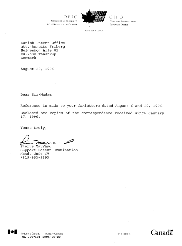 Canadian Patent Document 2007181. Office Letter 19960820. Image 1 of 7