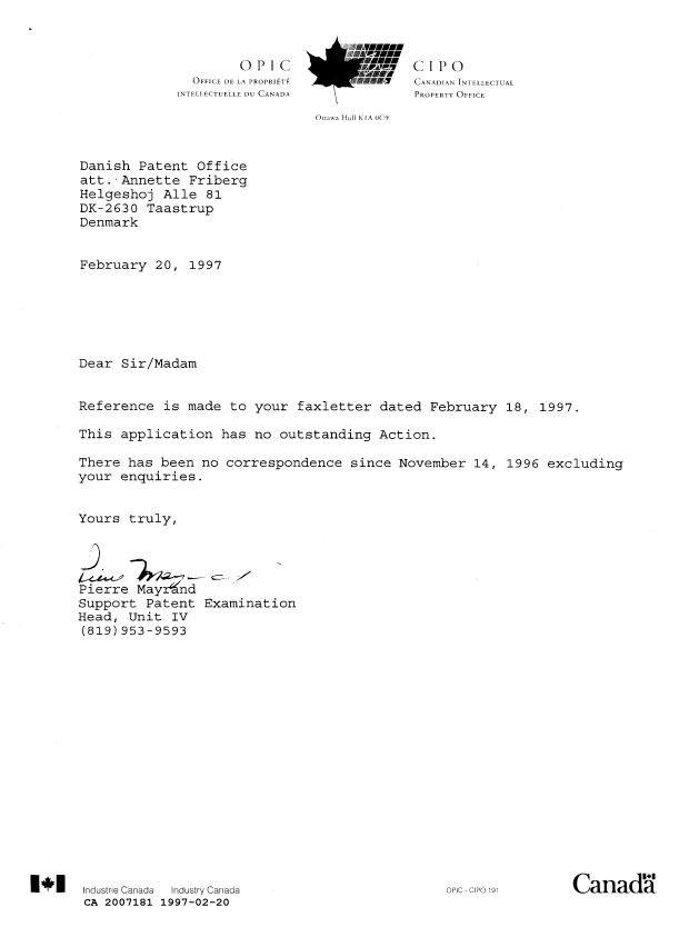 Canadian Patent Document 2007181. Office Letter 19970220. Image 1 of 1