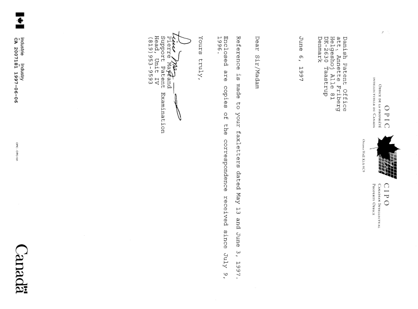 Canadian Patent Document 2007181. Office Letter 19970606. Image 1 of 7
