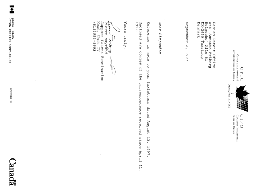 Canadian Patent Document 2007181. Office Letter 19970902. Image 1 of 3